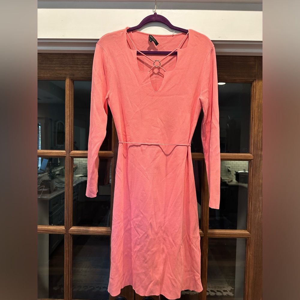 EUC BCBGMAXAZRIA Peachy Pink Sweater Dress Cutout Neck Detail w/ Tie at Waist - Picture 7 of 14